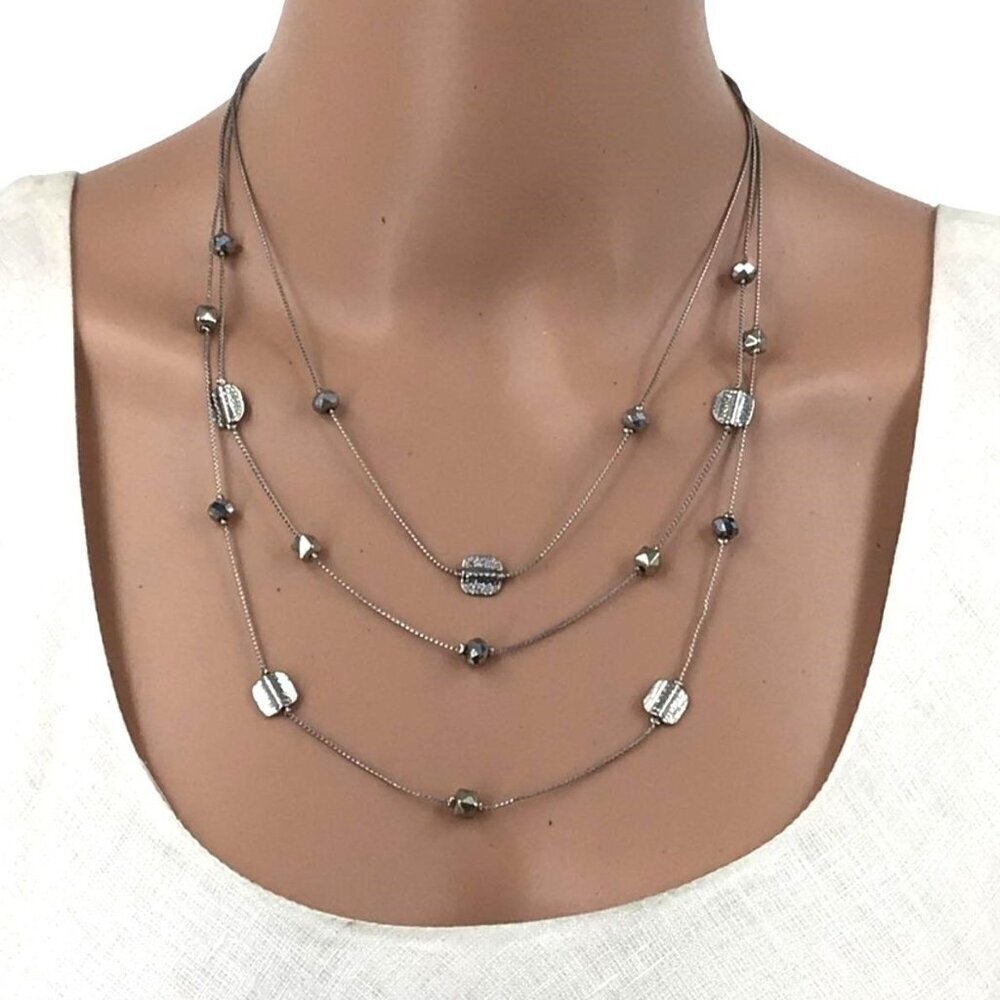 Charming Charlie Necklace Triple Strand Beaded Silver Tone Adjustable Length